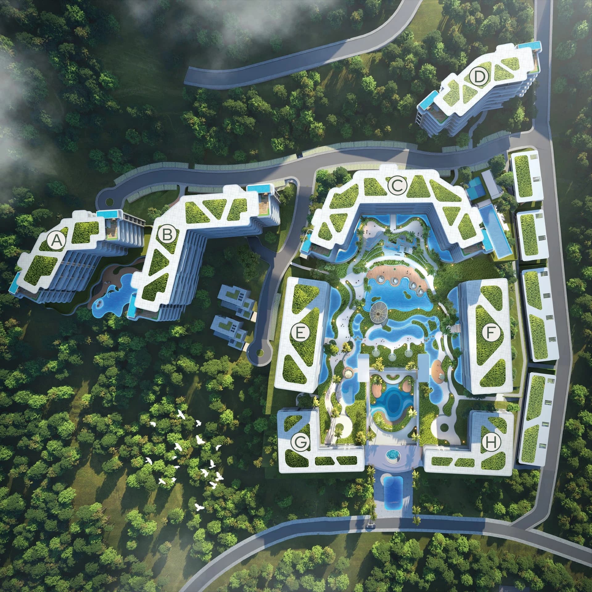 Master plan: blocks A–H around the lagoon pools and AYANA Park, the townhouses along the east edge